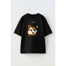 Nmg Tekstil Siyah Oversize Pamuk Yavru Sincap Fındık Baskılı Örme T-Shirt