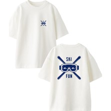 Nmg Tekstil Beyaz Oversize Pamuk Ski Fun Ön Arka Baskılı Örme T-Shirt