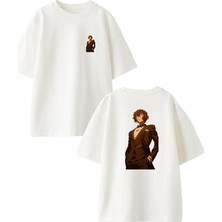 Nmg Tekstil Beyaz Oversize Pamuk Smokinli Anime Ön Arka Baskılı Örme T-Shirt