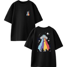Nmg Tekstil Siyah Oversize Pamuk Uzay Gemisi Ön Arka Baskılı Örme T-Shirt