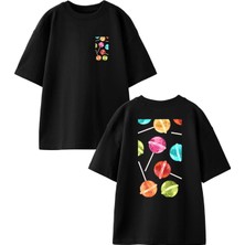 Nmg Tekstil Siyah Oversize Pamuk Renkli Lolipop Ön Arka Baskılı Örme T-Shirt