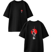 Nmg Tekstil Siyah Oversize Pamuk Japon Samuray Kız Ön Arka Baskılı Örme T-Shirt