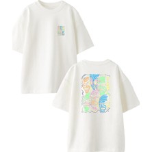 Nmg Tekstil Beyaz Oversize Pamuk Renkli Çizim Yüzler Ön Arka Baskılı Örme T-Shirt