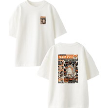 Nmg Tekstil Beyaz Oversize Pamuk Anime Gazete Ön Arka Baskılı Örme T-Shirt