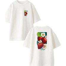 Nmg Tekstil Beyaz Oversize Pamuk Çilekler Lale Ön Arka Baskılı Örme T-Shirt