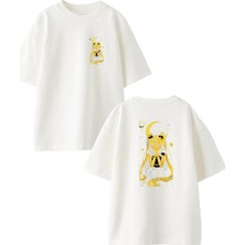 Nmg Tekstil Beyaz Oversize Pamuk Sarı Kız Anime Ön Arka Baskılı Örme T-Shirt