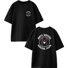 Nmg Tekstil Siyah Oversize Pamuk Anti Social Kedi Ön Arka Baskılı Örme T-Shirt
