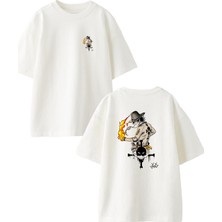 Nmg Tekstil Beyaz Oversize Pamuk Alevli Kovboy Ön Arka Baskılı Örme T-Shirt