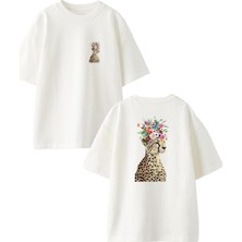 Nmg Tekstil Beyaz Oversize Pamuk Çiçekli Çıta Ön Arka Baskılı Örme T-Shirt