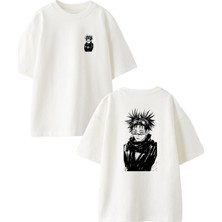 Nmg Tekstil Beyaz Oversize Pamuk Saçları Dağınık Anime Erkek Ön Arka Baskılı Örme T-Shirt