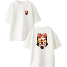 Nmg Tekstil Beyaz Oversize Pamuk Şeytan Kuru Kafa Sosis Ön Arka Baskılı Örme T-Shirt