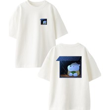 Nmg Tekstil Beyaz Oversize Pamuk Yağmur Altında Ayıcık Ön Arka Baskılı Örme T-Shirt