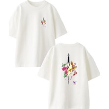 Nmg Tekstil Beyaz Oversize Pamuk Yarım Kedi Ön Arka Baskılı Örme T-Shirt