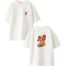 Nmg Tekstil Beyaz Oversize Pamuk Meyve Sebze Kitap Ön Arka Baskılı Örme T-Shirt