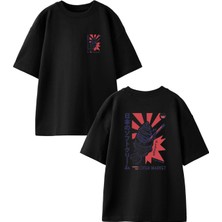 Nmg Tekstil Siyah Oversize Pamuk Japon Dondurma Balık Ön Arka Baskılı Örme T-Shirt