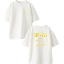 Nmg Tekstil Beyaz Oversize Pamuk Nırvana Emoji Ön Arka Baskılı Örme T-Shirt