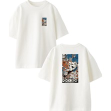 Nmg Tekstil Beyaz Oversize Pamuk Phish Kurukafa Ön Arka Baskılı Örme T-Shirt
