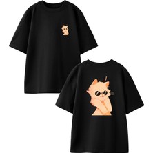 Nmg Tekstil Siyah Oversize Pamuk Gözlüklü Kedicik Ön Arka Baskılı Örme T-Shirt