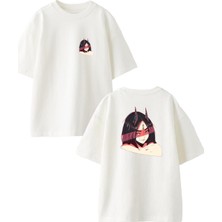 Nmg Tekstil Beyaz Oversize Pamuk Anime Şeytan Kadın Ön Arka Baskılı Örme T-Shirt