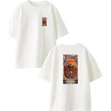 Nmg Tekstil Beyaz Oversize Pamuk Clipknot Poster Ön Arka Baskılı Örme T-Shirt