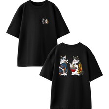 Nmg Tekstil Siyah Oversize Pamuk Oturan Kediler Ön Arka Baskılı Örme T-Shirt