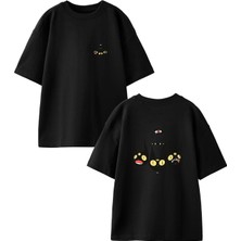 Nmg Tekstil Siyah Oversize Pamuk Üçlü Kedi Şeytan Ön Arka Baskılı Örme T-Shirt