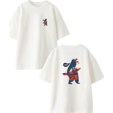 Nmg Tekstil Beyaz Oversize Pamuk Cool Goril Surfing Ön Arka Baskılı Örme T-Shirt