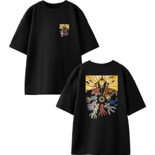 Nmg Tekstil Siyah Oversize Pamuk Balıklar Toplantısı Ön Arka Baskılı Örme T-Shirt