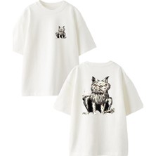 Nmg Tekstil Beyaz Oversize Pamuk Kedi Yansıma Ön Arka Baskılı Örme T-Shirt