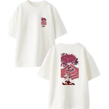Nmg Tekstil Beyaz Oversize Pamuk Parmak Arası Anime Genç Ön Arka Baskılı Örme T-Shirt