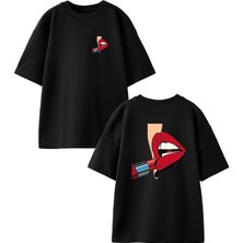 Nmg Tekstil Siyah Oversize Pamuk Ruj Dudak Ön Arka Baskılı Örme T-Shirt