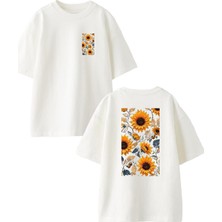 Nmg Tekstil Beyaz Oversize Pamuk Ayçiçeği Desen Ön Arka Baskılı Örme T-Shirt