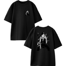 Nmg Tekstil Siyah Oversize Pamuk Dövüşçü Anime Ön Arka Baskılı Örme T-Shirt