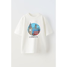 Nmg Tekstil Beyaz Oversize Pamuk Londra Kule Köprüsü Baskılı Örme T-Shirt