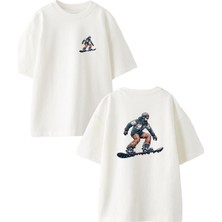 Nmg Tekstil Beyaz Oversize Pamuk Snowboard Genç Ön Arka Baskılı Örme T-Shirt