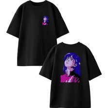 Nmg Tekstil Siyah Oversize Pamuk Mavi Saçlı Cool Kız Anime Ön Arka Baskılı Örme T-Shirt