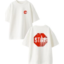 Nmg Tekstil Beyaz Oversize Pamuk Start Ön Arka Baskılı Örme T-Shirt
