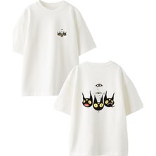Nmg Tekstil Beyaz Oversize Pamuk Üçlü Kedi Şeytan Ön Arka Baskılı Örme T-Shirt