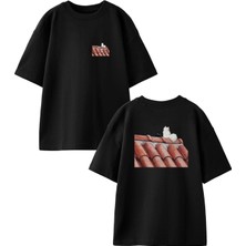 Nmg Tekstil Siyah Oversize Pamuk Çatıda Kediler Ön Arka Baskılı Örme T-Shirt