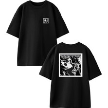 Nmg Tekstil Siyah Oversize Pamuk Karikatür Kadın Gazate Ön Arka Baskılı Örme T-Shirt