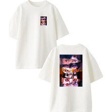 Nmg Tekstil Beyaz Oversize Pamuk Çizgi Karakte Gözler Ön Arka Baskılı Örme T-Shirt