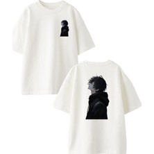 Nmg Tekstil Beyaz Oversize Pamuk Yan Durmuş Cool Erkek Anime Ön Arka Baskılı Örme T-Shirt