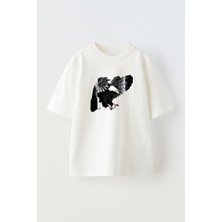 Nmg Tekstil Beyaz Oversize Pamuk Kara Kartal Av Baskılı Örme T-Shirt