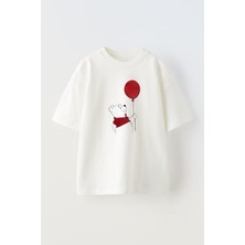 Nmg Tekstil Beyaz Oversize Pamuk Ayı Yogi Kırmızı Balon Baskılı Örme T-Shirt