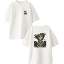 Nmg Tekstil Beyaz Oversize Pamuk Kadın Cadı Ön Arka Baskılı Örme T-Shirt