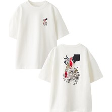 Nmg Tekstil Beyaz Oversize Pamuk Siyah Kırmızı Şeytanlar Ön Arka Baskılı Örme T-Shirt