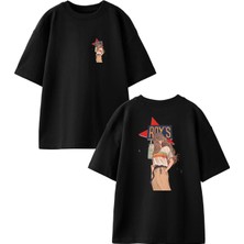 Nmg Tekstil Siyah Oversize Pamuk Roys Kız Ön Arka Baskılı Örme T-Shirt