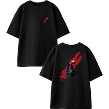 Nmg Tekstil Siyah Oversize Pamuk Siyah Boynuzlu Yaratık Ön Arka Baskılı Örme T-Shirt