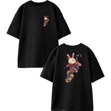 Nmg Tekstil Siyah Oversize Pamuk Kaykaylı Tavşan Karakter Ön Arka Baskılı Örme T-Shirt