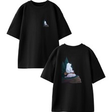 Nmg Tekstil Siyah Oversize Pamuk Fok Balığı Kutup Ayısı Ön Arka Baskılı Örme T-Shirt